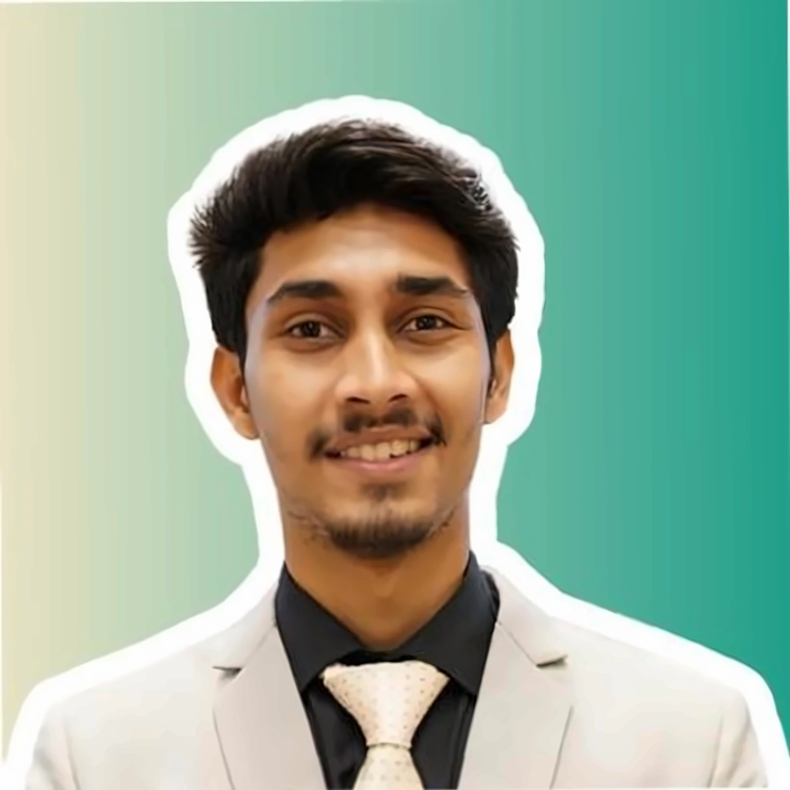 Muhammad Moiz, full-stack developer, smiling in a light grey suit