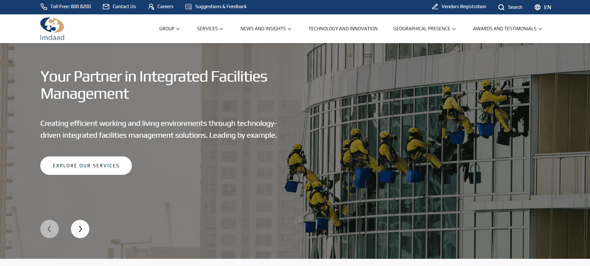 Imdaad home page hero reading 'Your Partner in Integrated Facilities Management' with an Explore our services button