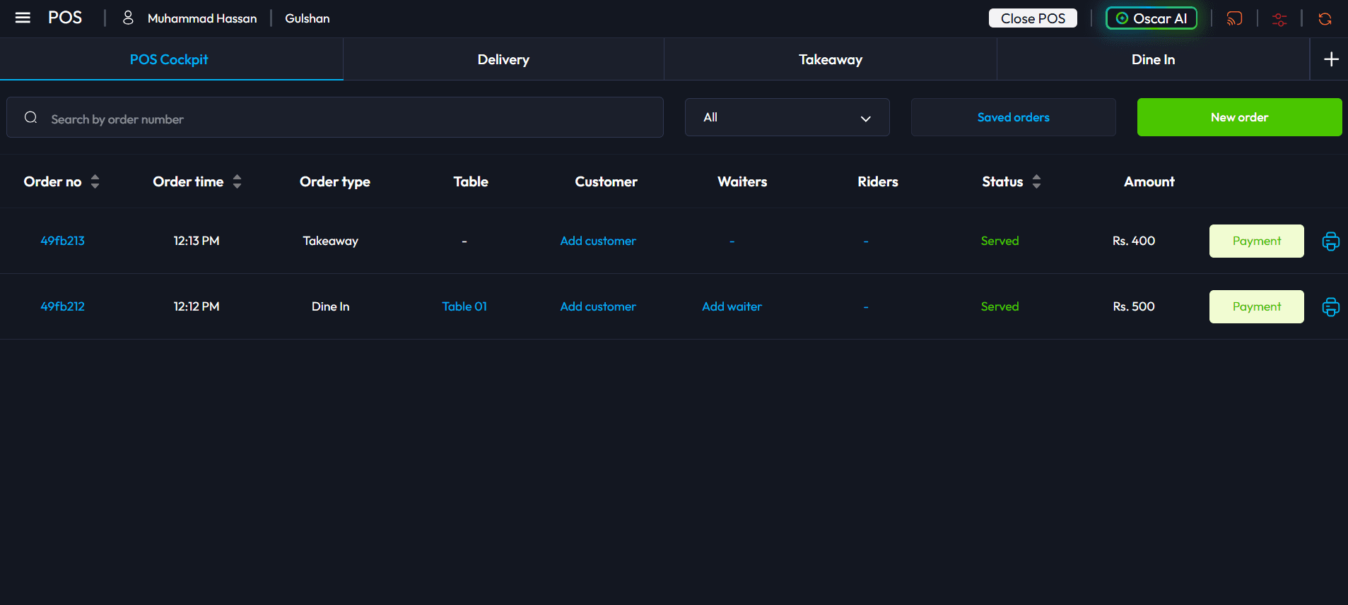 Oscar POS order list with dine-in, takeaway and delivery tabs, order status, amount, payment and print actions