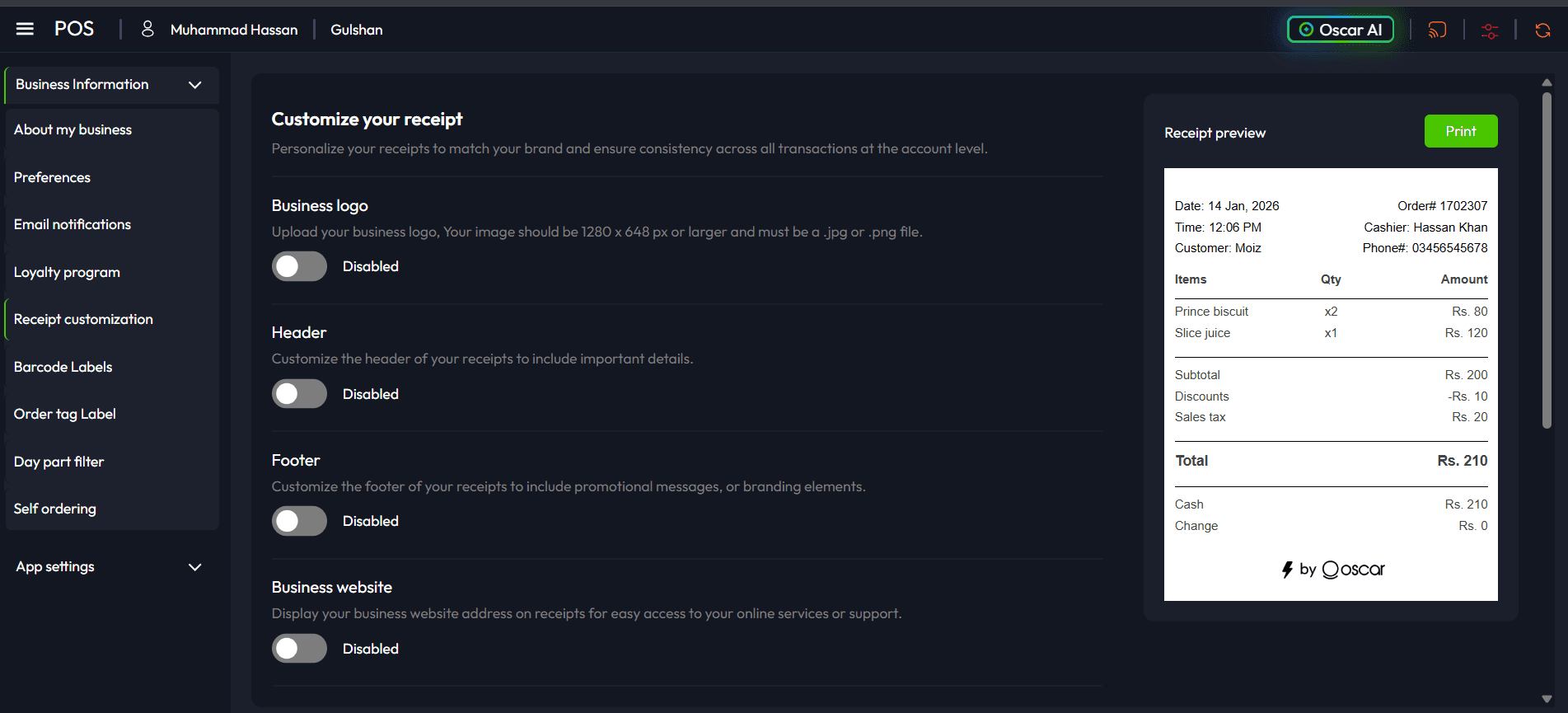 Oscar receipt customisation settings with toggles for logo, header, footer and website, next to a live receipt preview