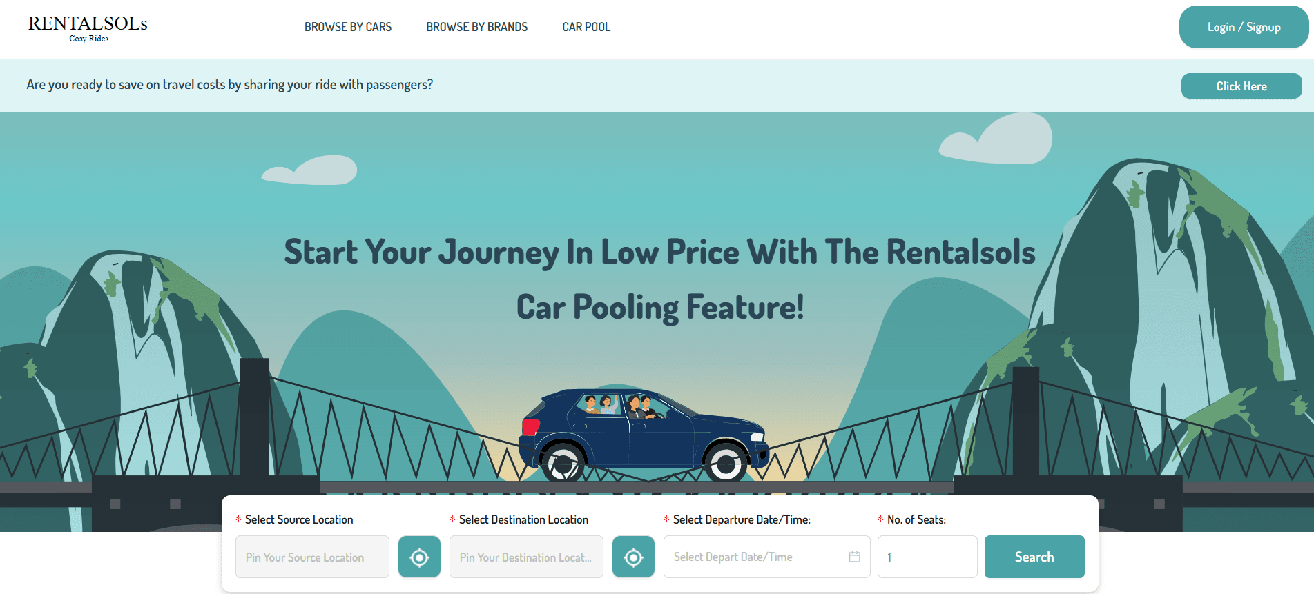 Rentalsols car pooling page with fields to pin source and destination locations, pick a departure date and time, and choose the number of seats
