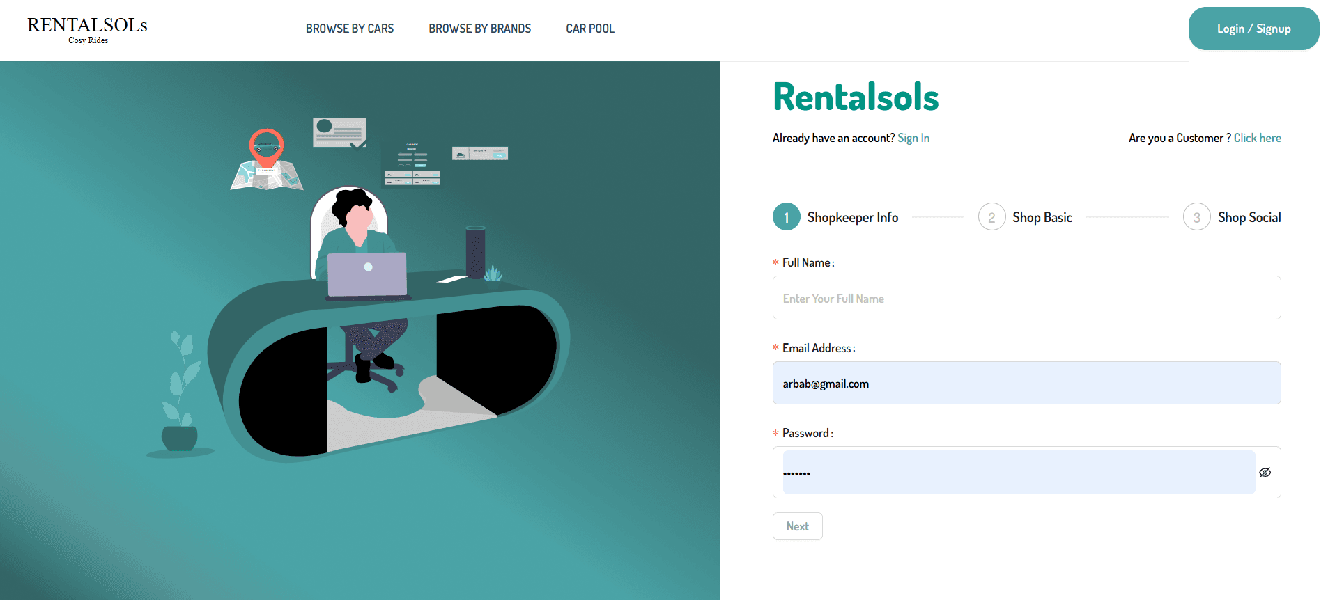 Rentalsols shop sign-up wizard with three steps: Shopkeeper Info, Shop Basic and Shop Social, showing name, email and password fields