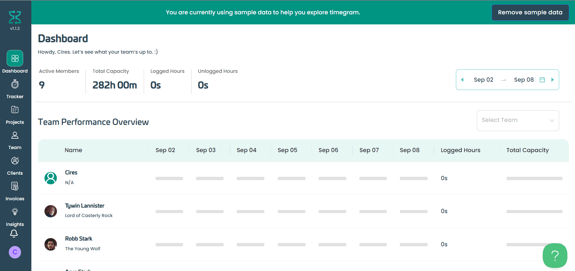 Timegram dashboard showing team capacity, logged and unlogged hours, and weekly team performance