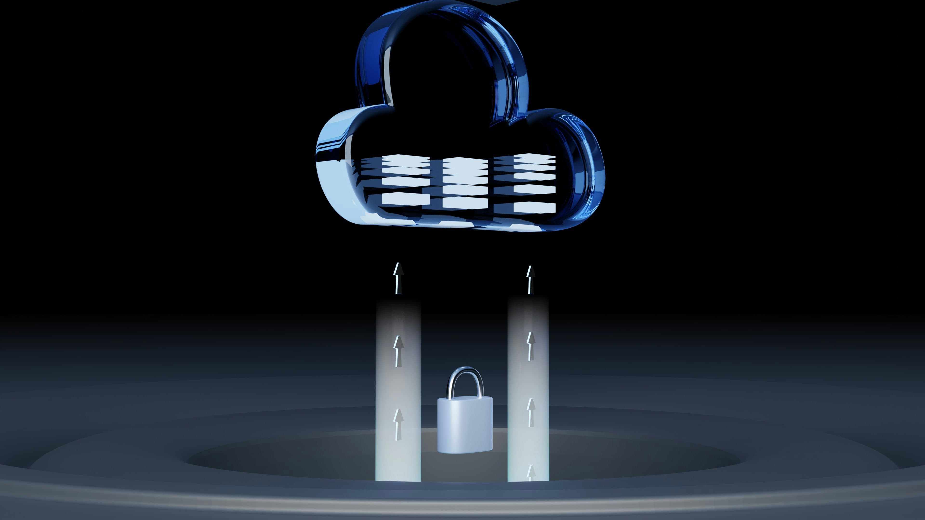A blue glass cloud icon with data layers floating above a silver padlock