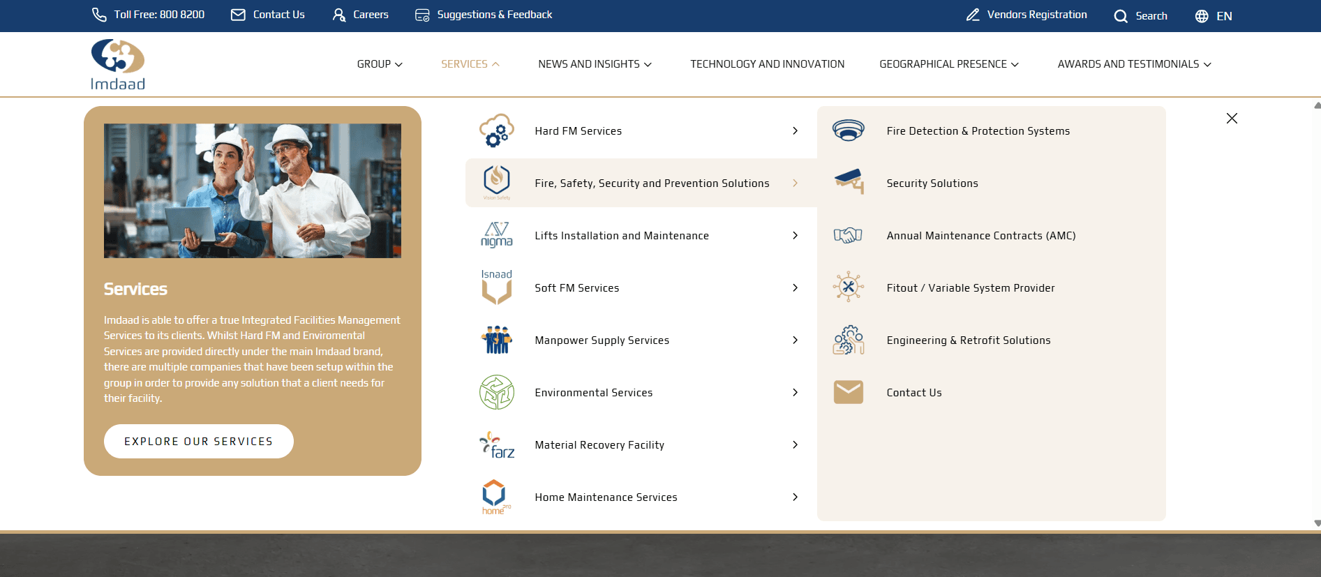 Imdaad services menu listing Hard FM, fire and safety, lifts, soft FM, manpower, environmental and other services, with sub-services for the selected one