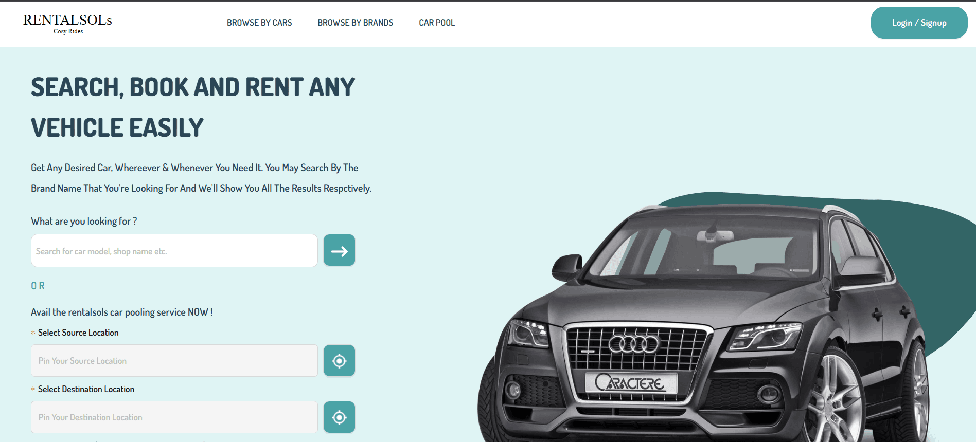 Rentalsols home page reading 'Search, book and rent any vehicle easily', with car search and car-pooling location inputs