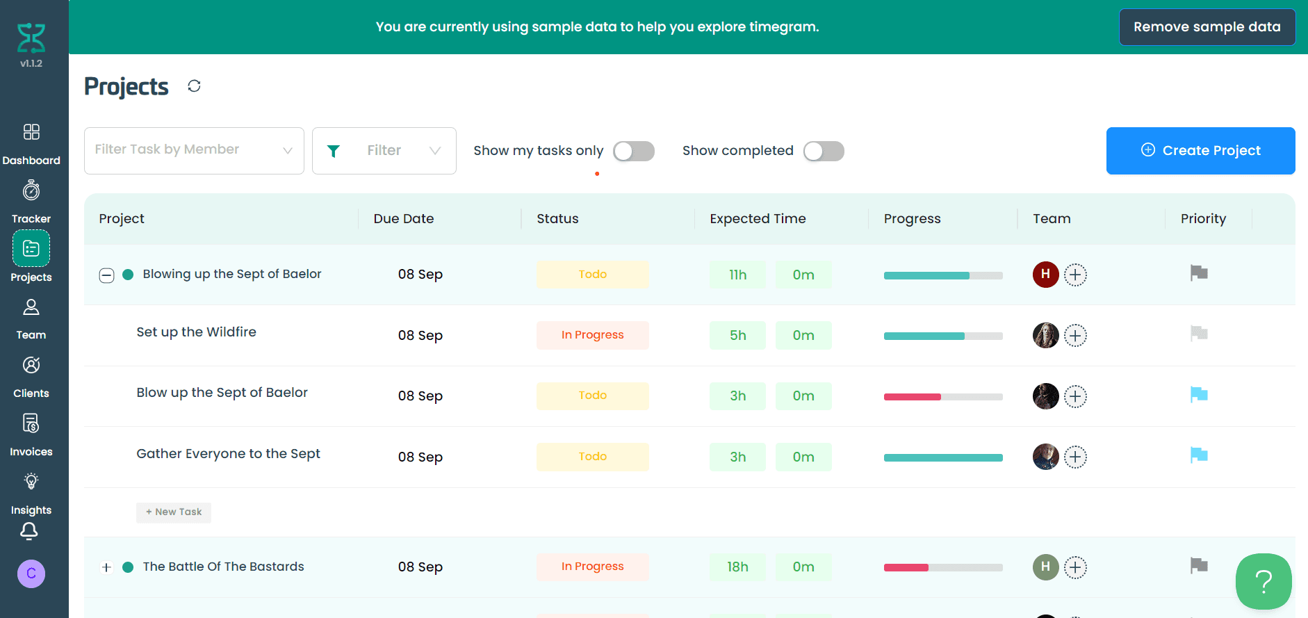 Timegram projects view with tasks, status, expected time, progress bars and priority flags