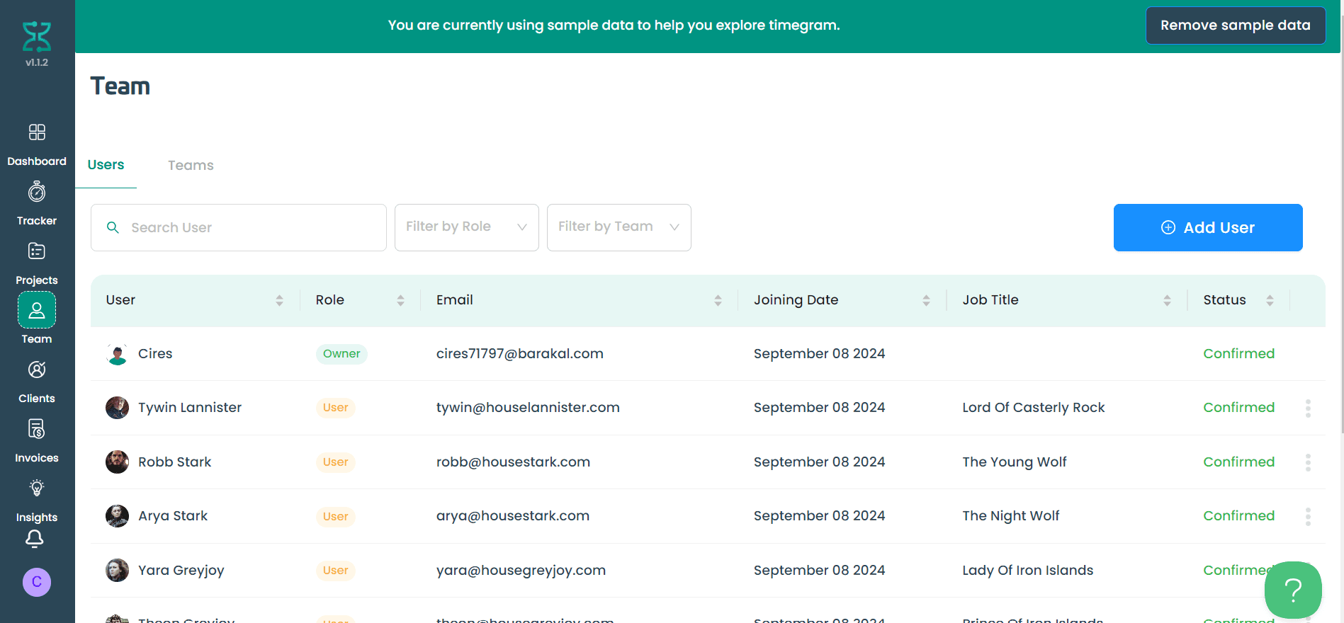 Timegram team management with user roles, job titles and status